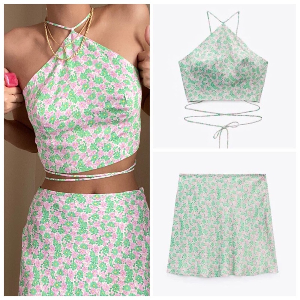 NEW Zara Satin Effect Matching Set Green Pink Floral Size S / M - Picture 2 of 11